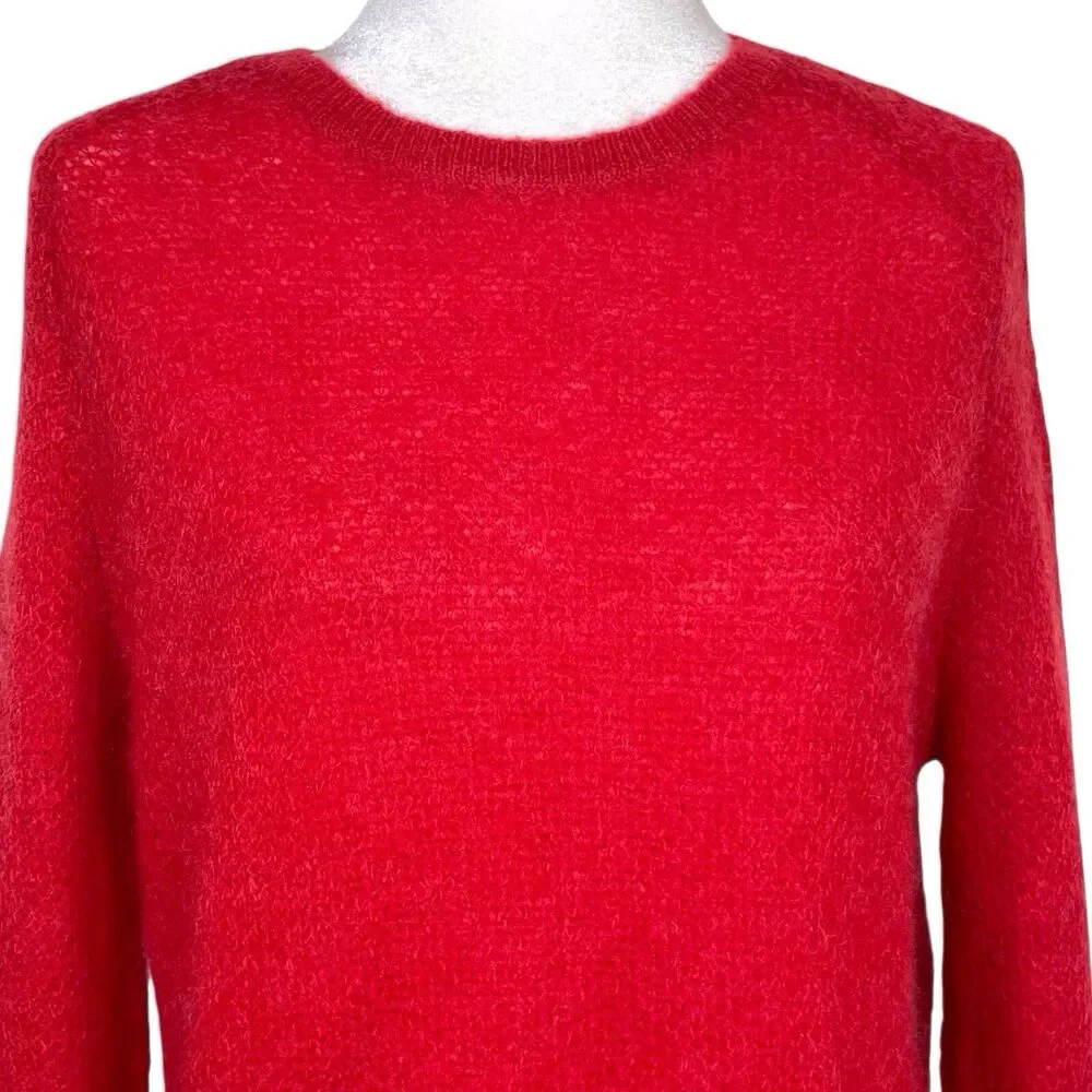 The Kooples Red Mohair Open Knit Back Zip Sweater Size Large Sheer EUC